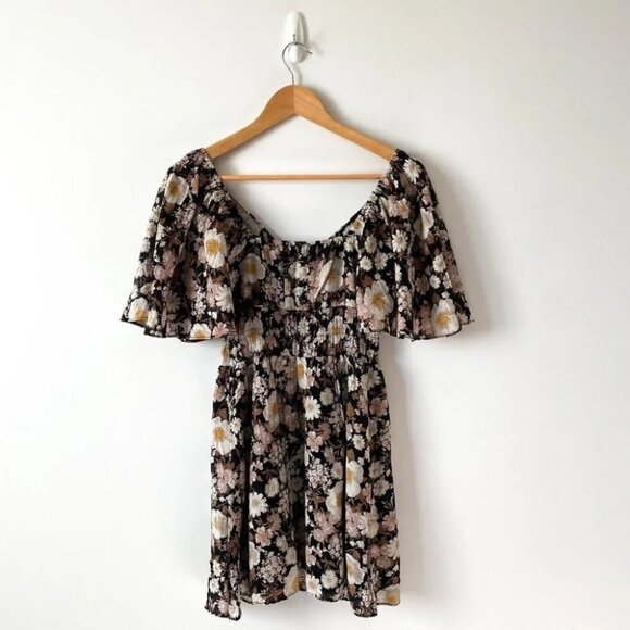 Abercrombie & Fitch Angel  Sleeve Smocked Waist Mini Dress Brown Floral Sz Small - Picture 7 of 10